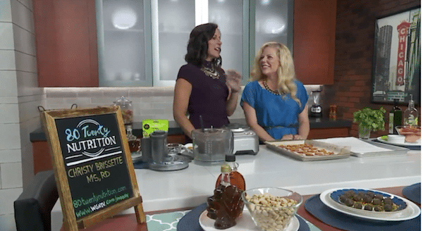 Media dietitian nutritionist Chicago TV Christy Brissette president of 80 Twenty Nutrition on WGN doing a nutrition segment and recipe demo for National Junk Food Day